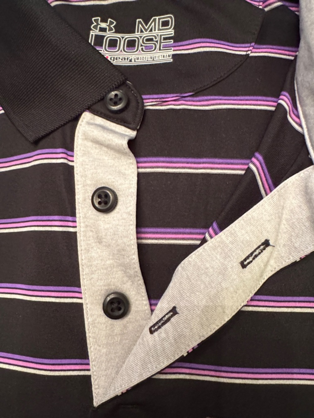 Under Armour Black Heatgear Polo with Purple Stripe Detail.  Medium. - Picture 3 of 7